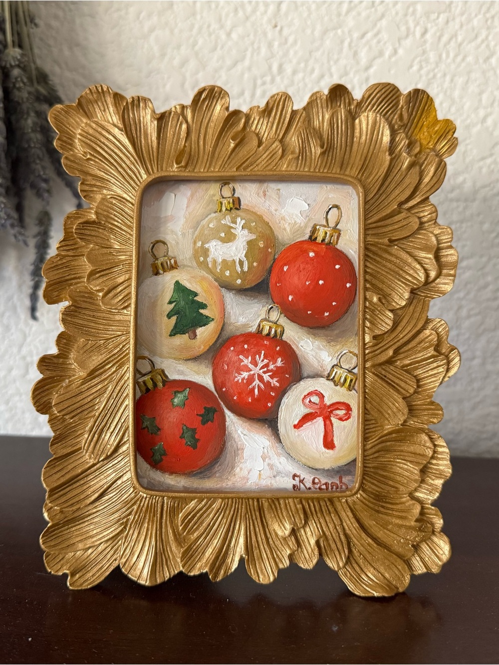 Original oil painting still life Christmas ornaments signed framed 4x6 inches